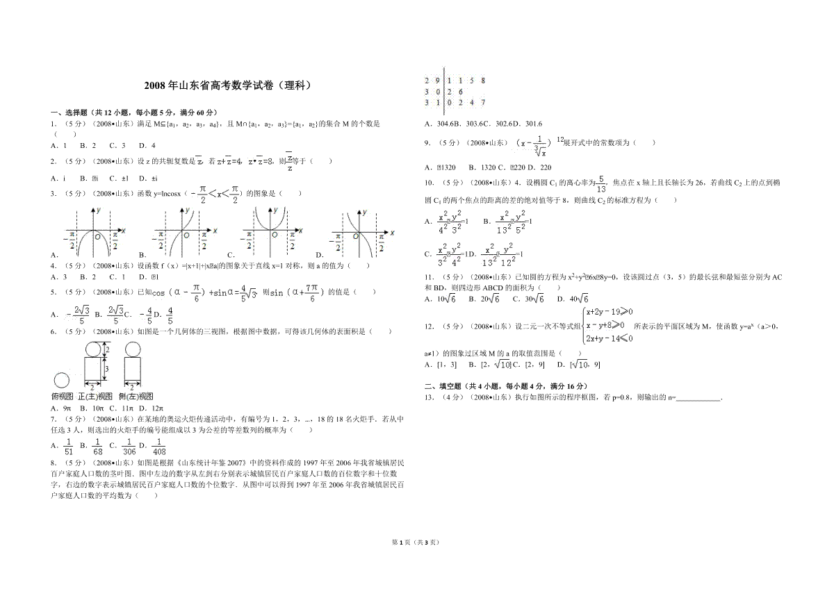 2008年高考真题数学【理】(山东卷)（原卷版）