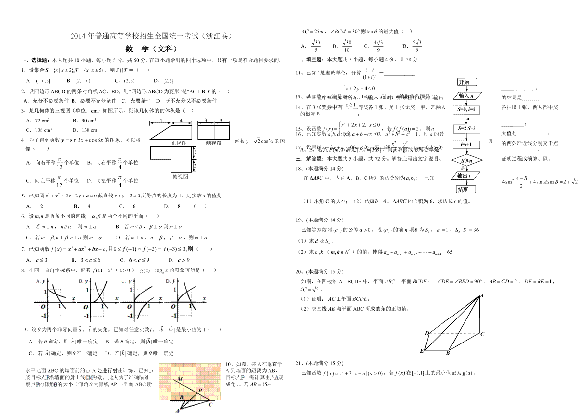 2014年浙江省高考数学【文】（含解析版）