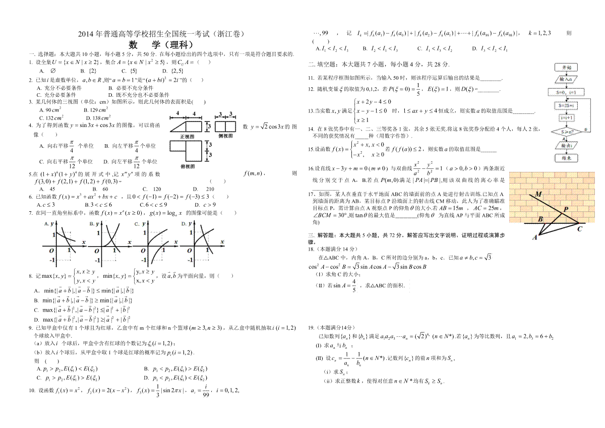 2014年浙江省高考数学【理】（原卷版）