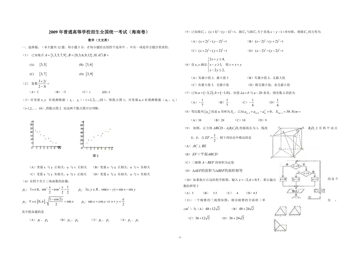 2009年海南省高考数学（原卷版）（文科）