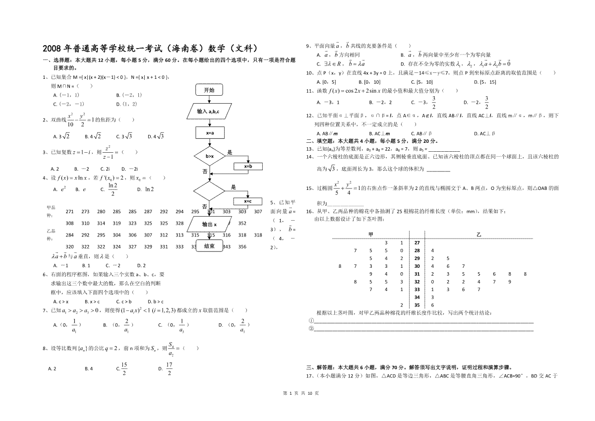 2008年海南省高考数学试题及答案（文科）