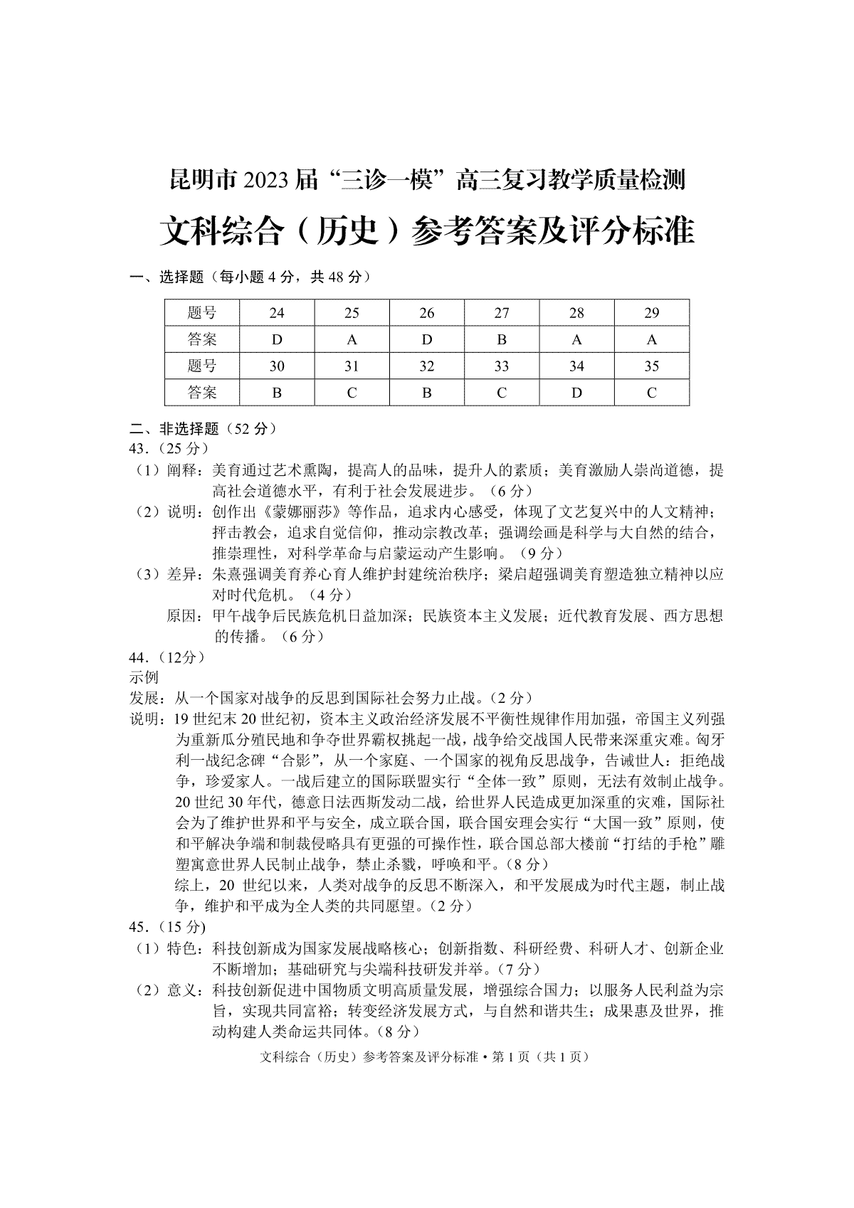 昆明市2023“三诊一模“高三历史参考答案bnf