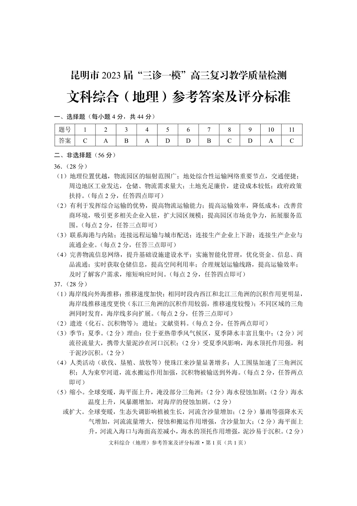 昆明市2023“三诊一模“高三地理参考答案lxm