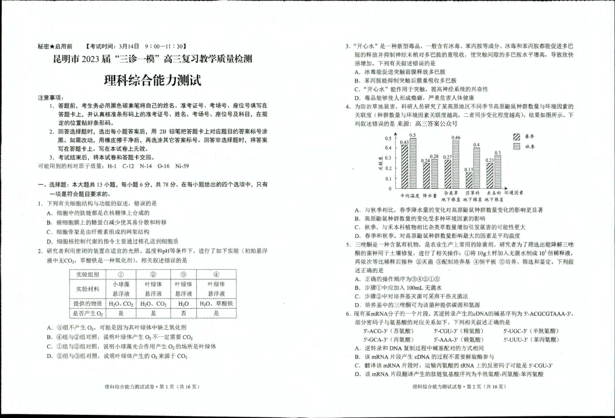 昆明市2023“三诊一模“高三理综