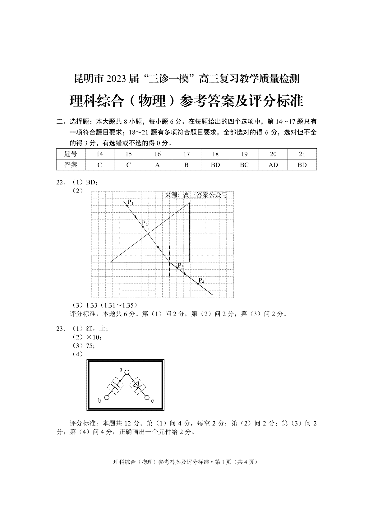 昆明市2023“三诊一模“高三物理答案lxm