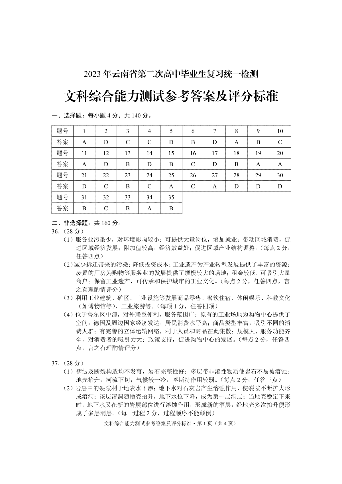 2023届云南省第二次高中毕业生复习统一检测文综答案