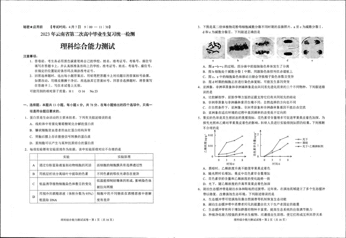 2023届云南省第二次高中毕业生复习统一检测理综