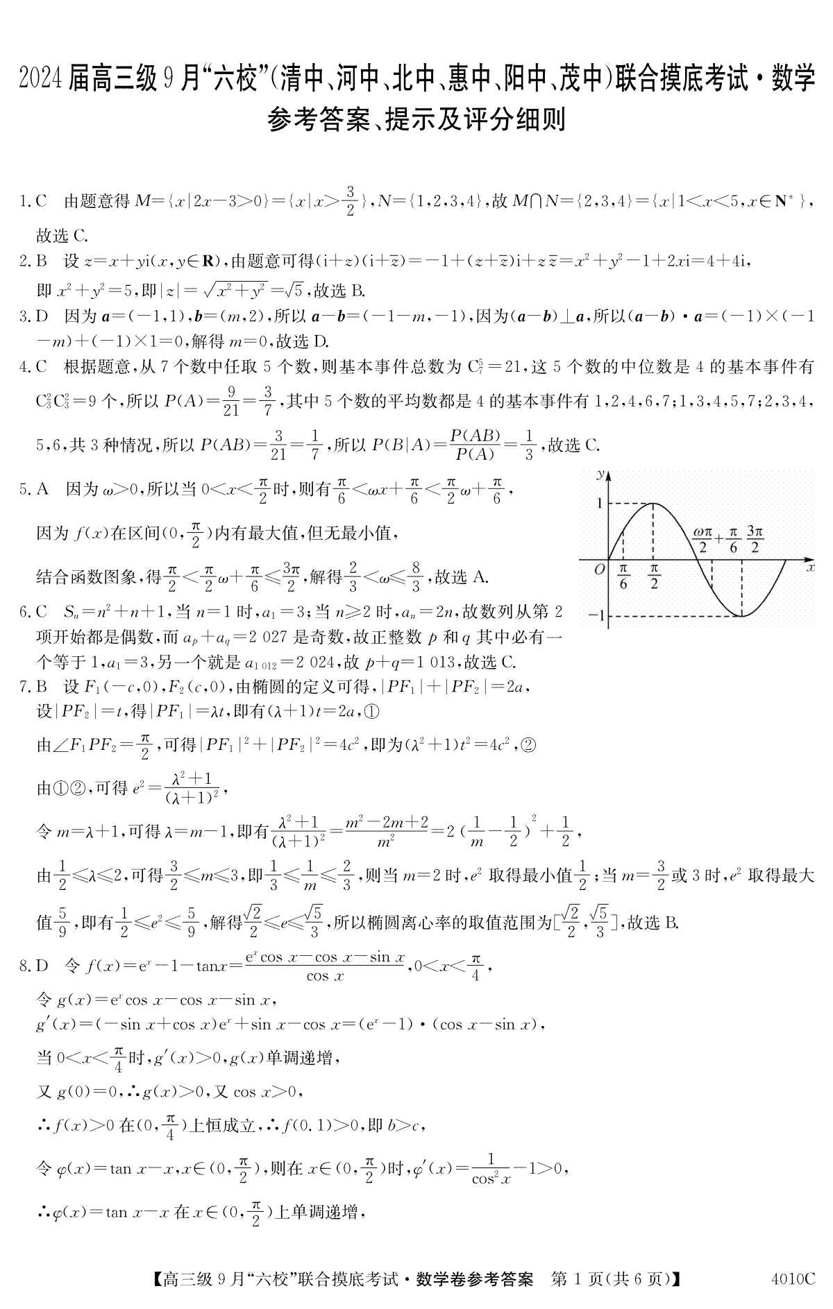 广东省2024届高三级9月“六校”（清中、河中、北中、惠中、阳中、茂中）联合摸底考试 数学答案