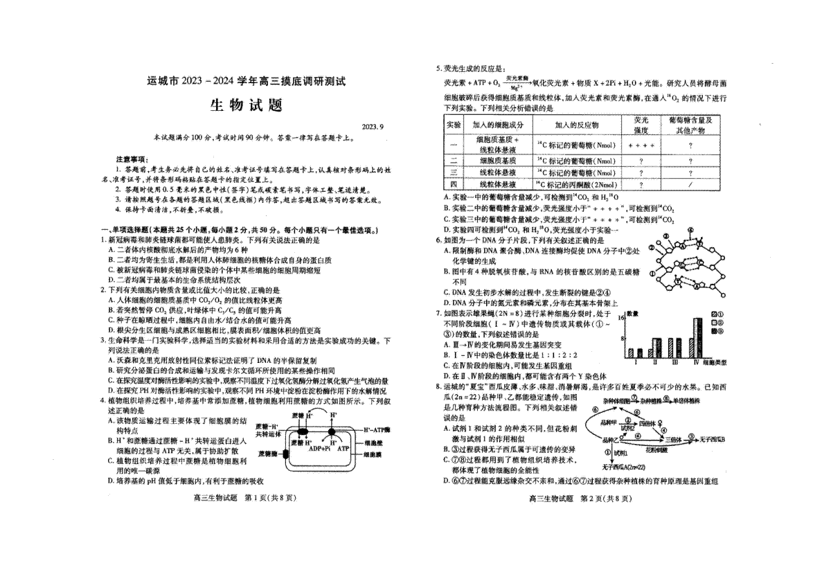 山西省运城市2023-2024学年高三上学期摸底调研测试 生物