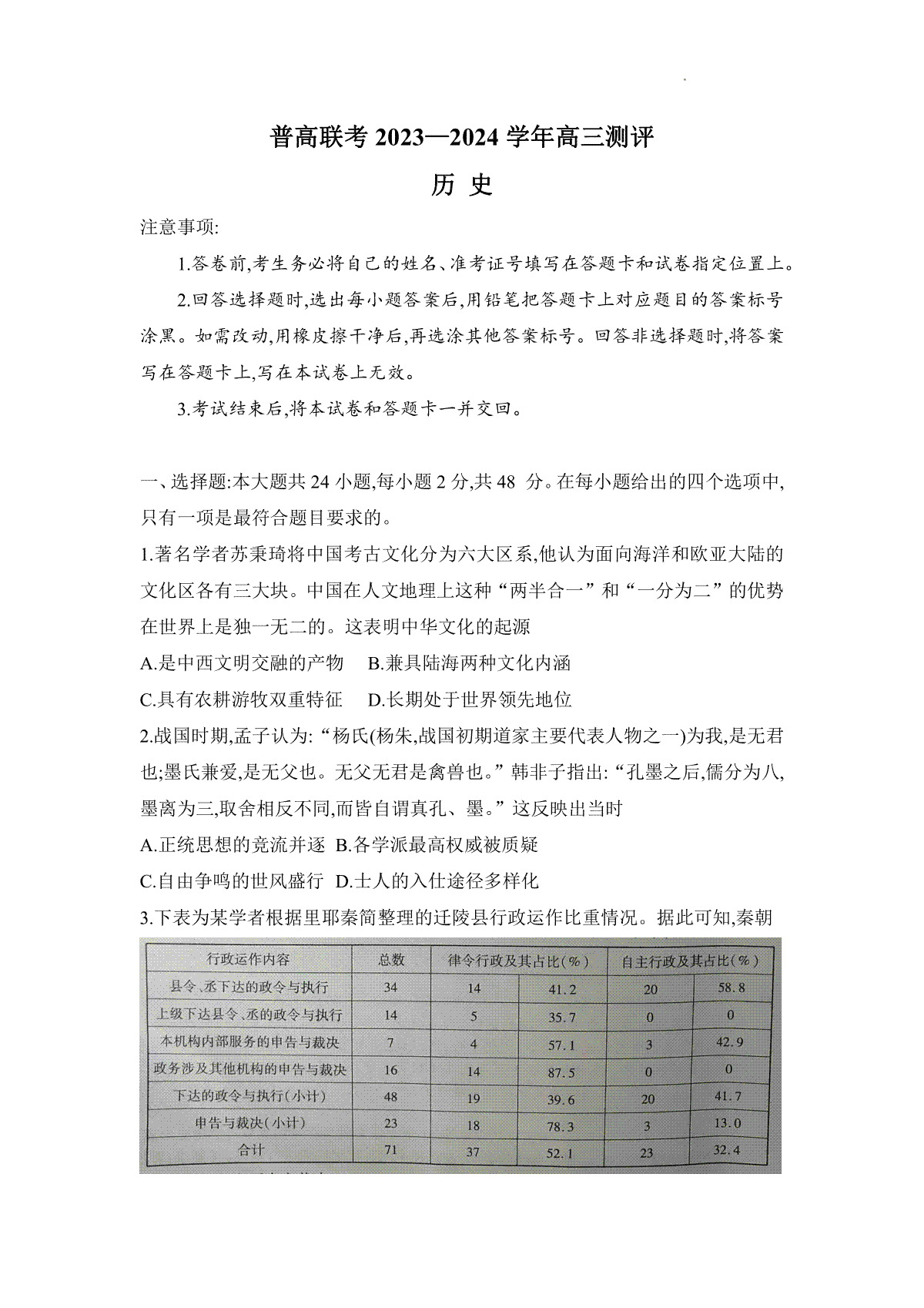 河南省普高联考2023-2024学年高三上学期测评（二）历史