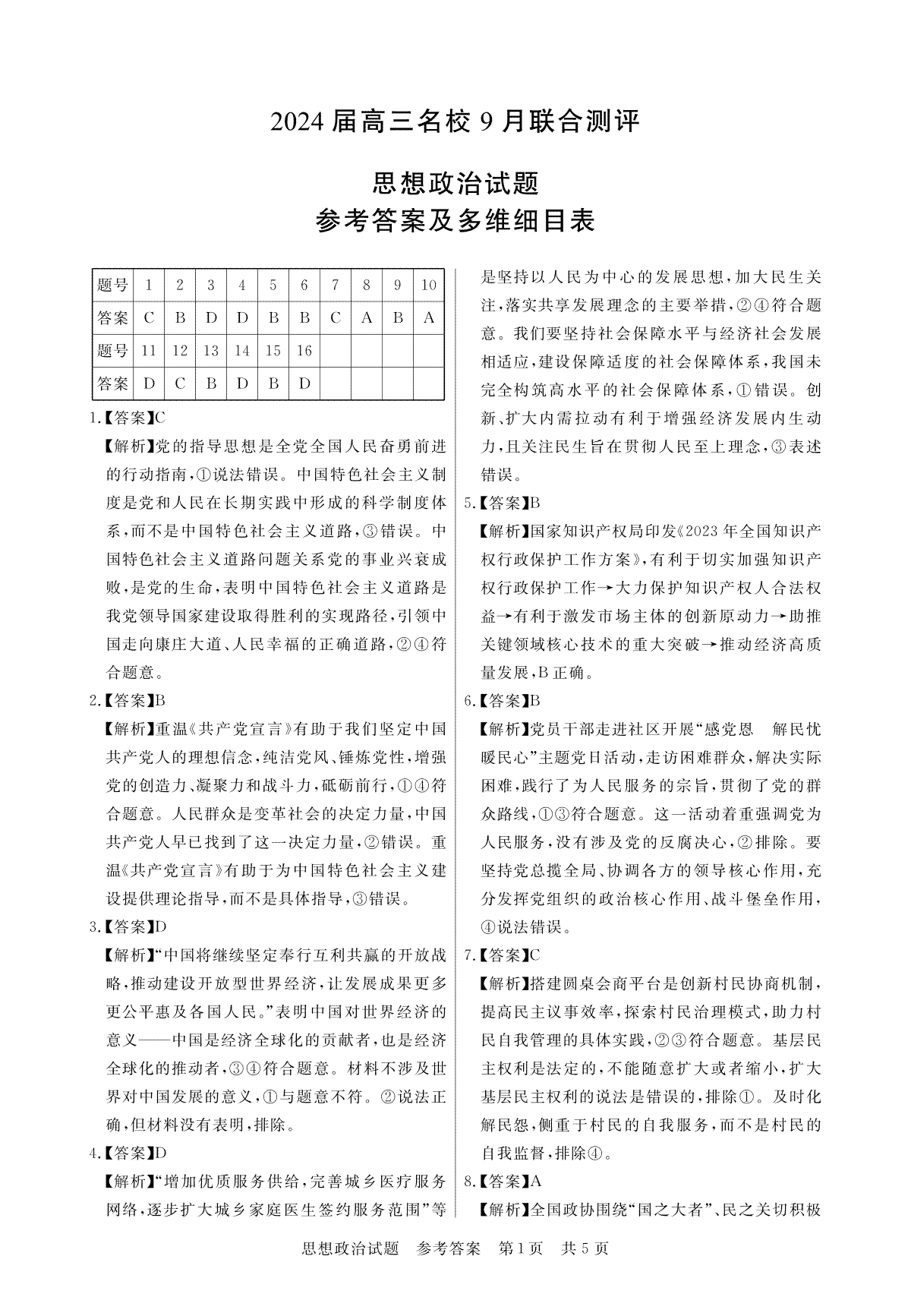 江西省2024届高三名校9月联合测评 政治答案