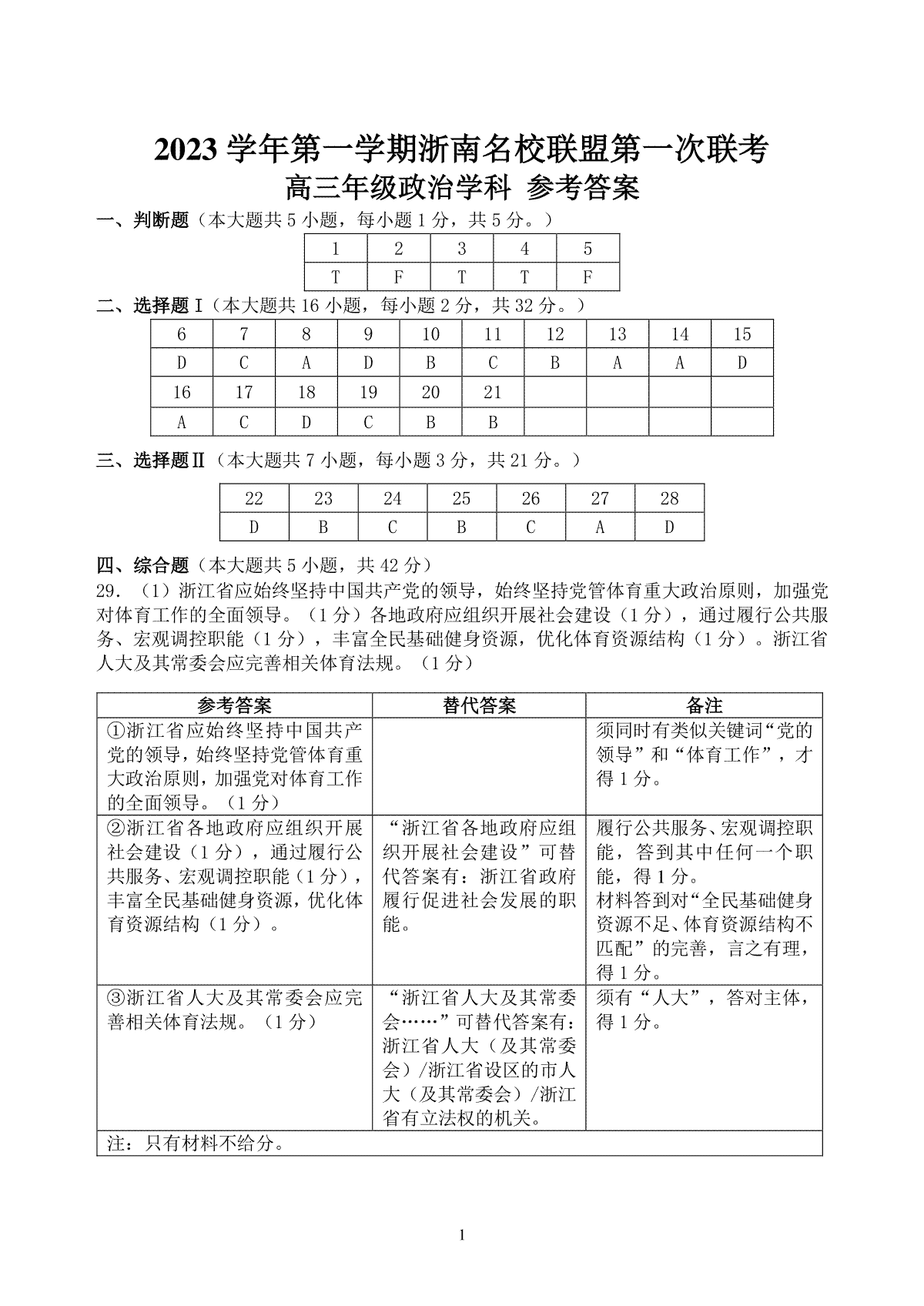 2023浙南名校联盟一联高三政治答案