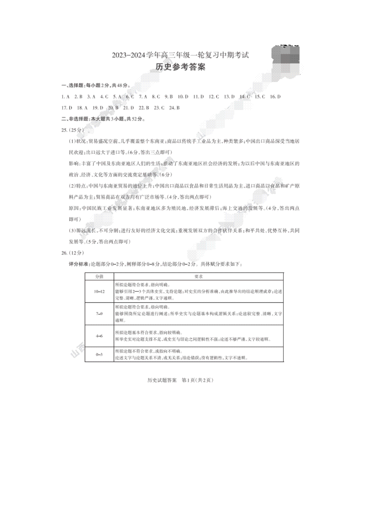 山西省大同市2024届高三上学期10月第二次摸底考试历史答案