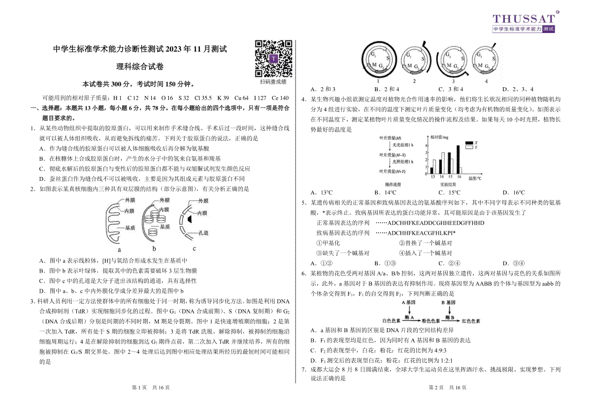 THUSSAT2023年11月诊断性测试理科综合试卷