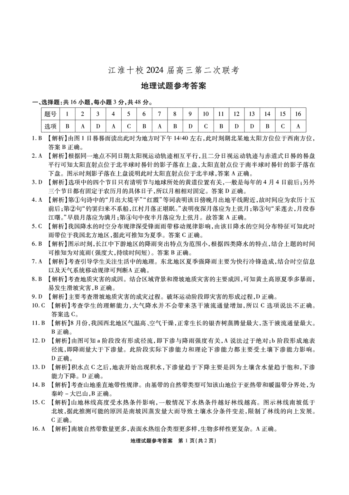 安徽省江淮十校2024届高三第二次联考地理答案