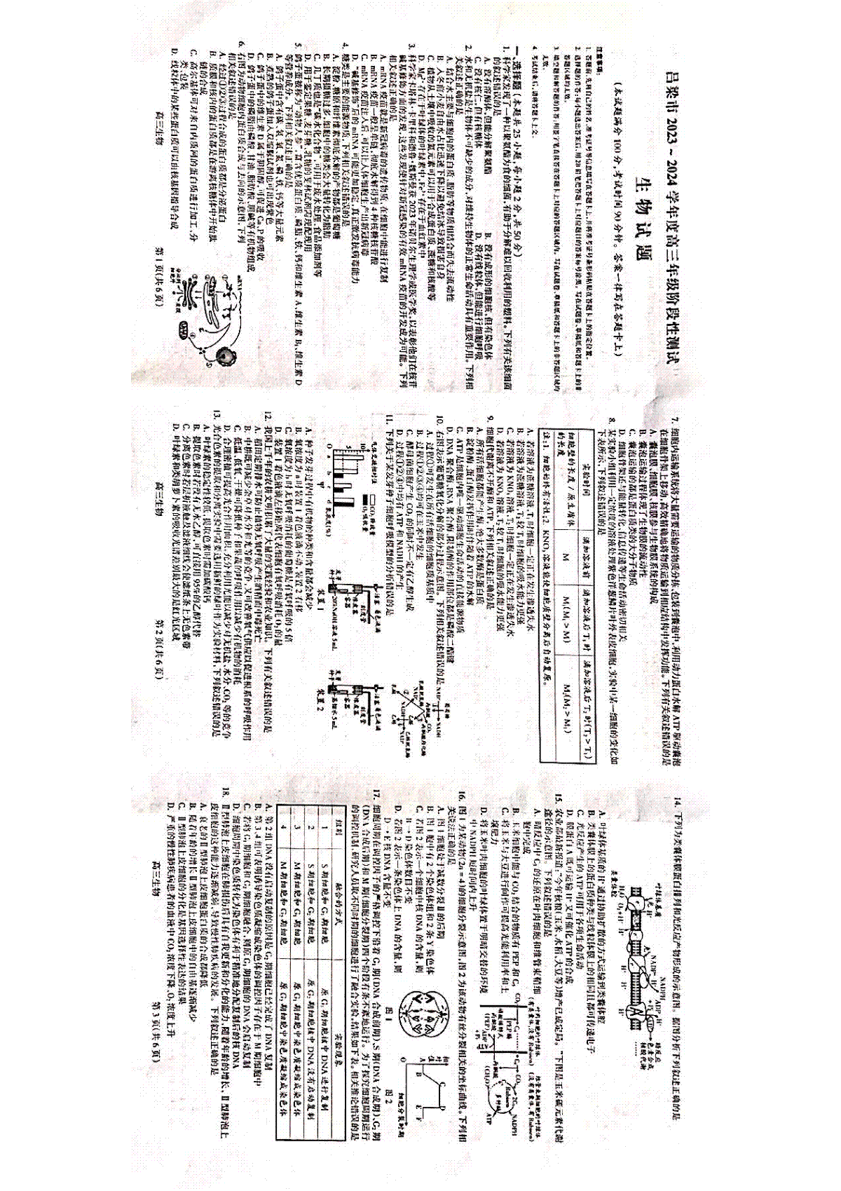 山西省吕梁市2023-2024学年高三上学期阶段性测试（一模）生物