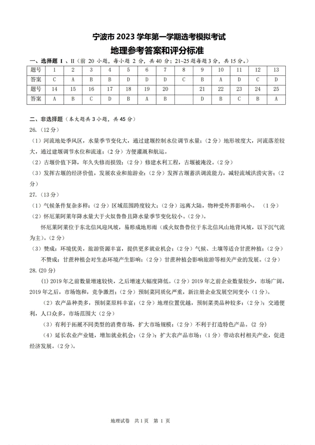 浙江省宁波市2023-2024学年高三上学期选考模拟考试（宁波一模）地理答案