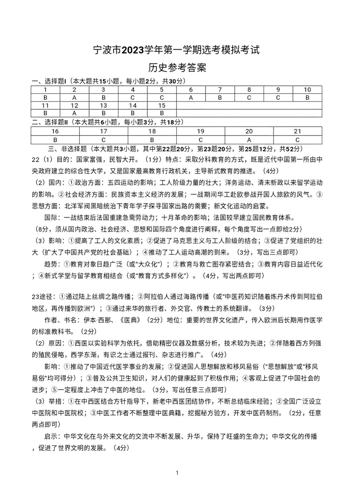 浙江省宁波市2023-2024学年高三上学期选考模拟考试（宁波一模）历史答案