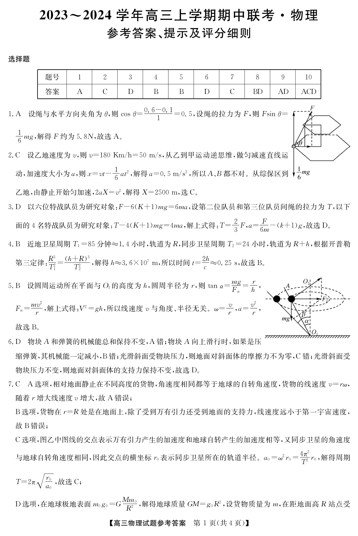 安徽省亳州市蒙城县2024届五校联盟高三物理答案