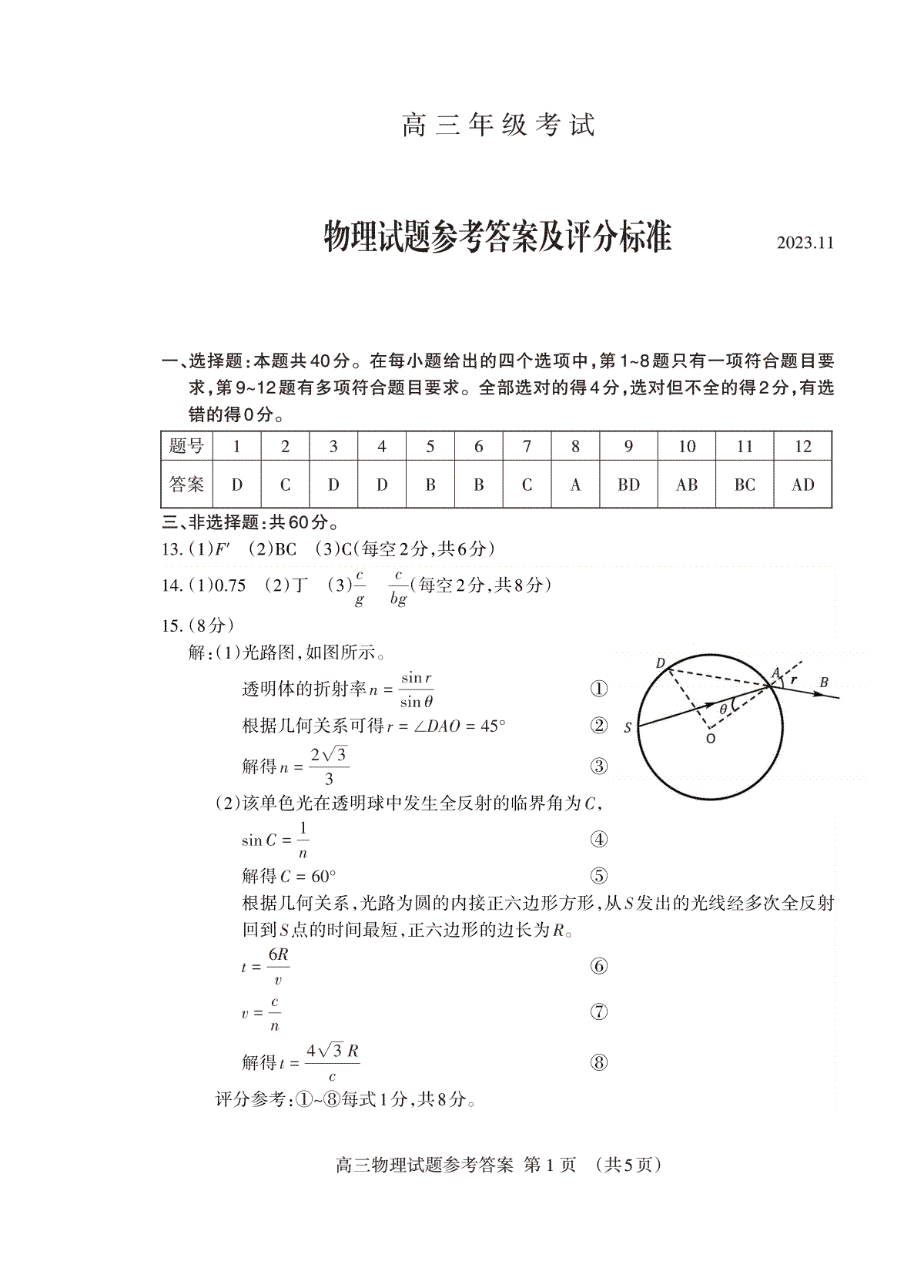 山东省泰安市2023-2024学年高三上学期期中考试高三物理答案