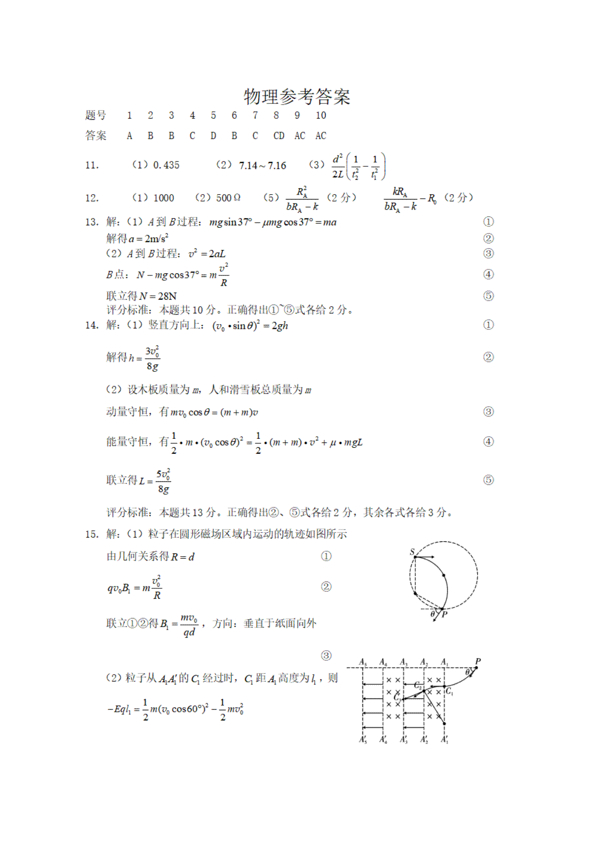 重庆市巴蜀中学校2023-2024学年高三上学期适应性月考卷（四）物理答案