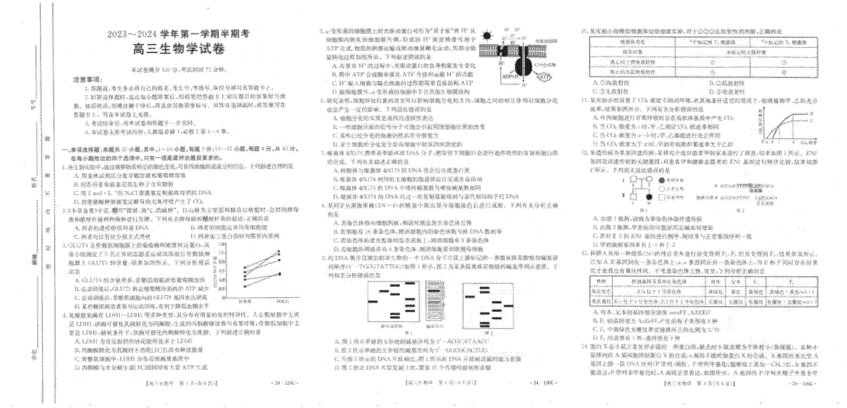 福建省龙岩市名校2023-2024学年高三上学期期中考试 生物