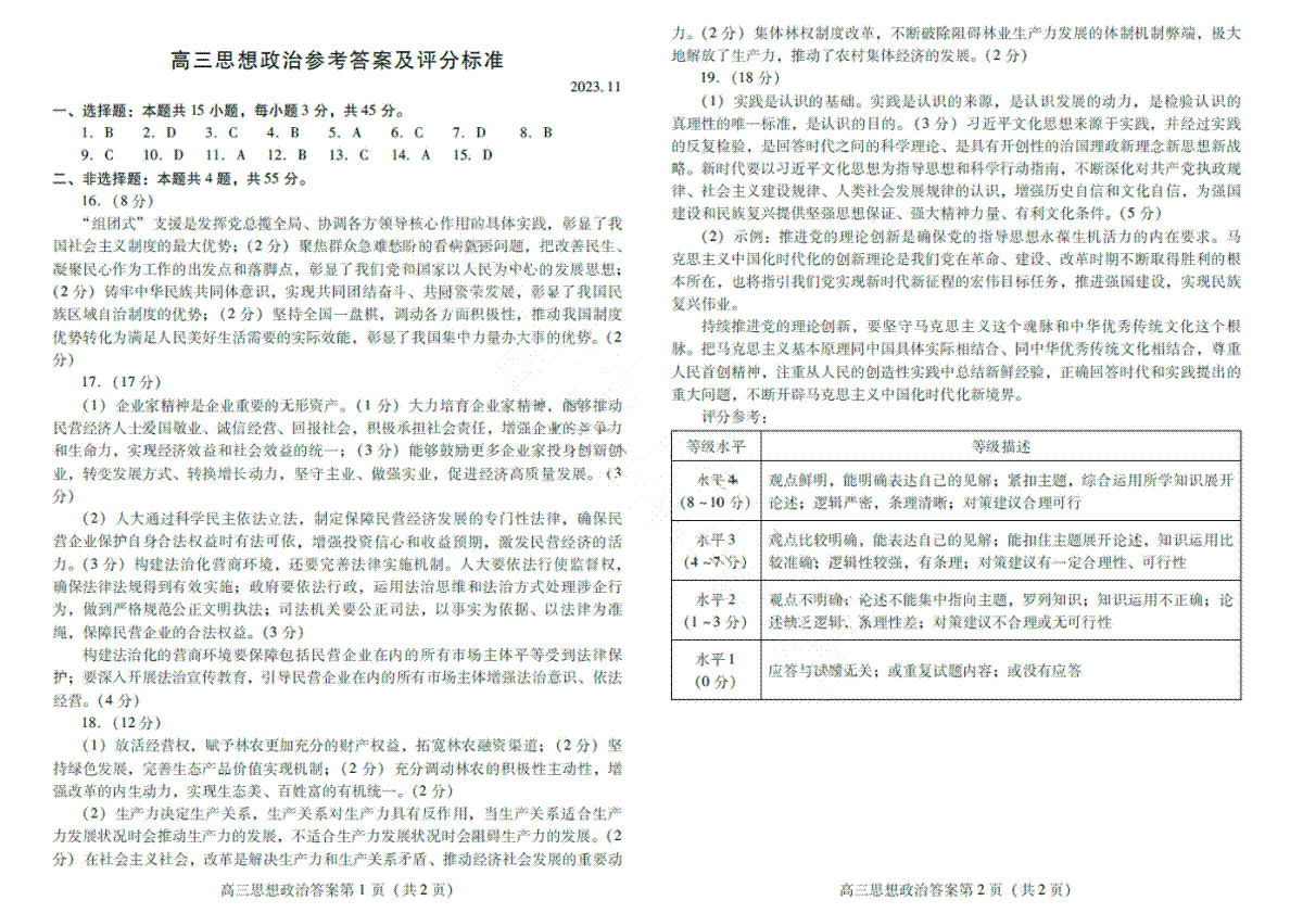 山东省潍坊市2024届高三上学期期中考试 政治答案