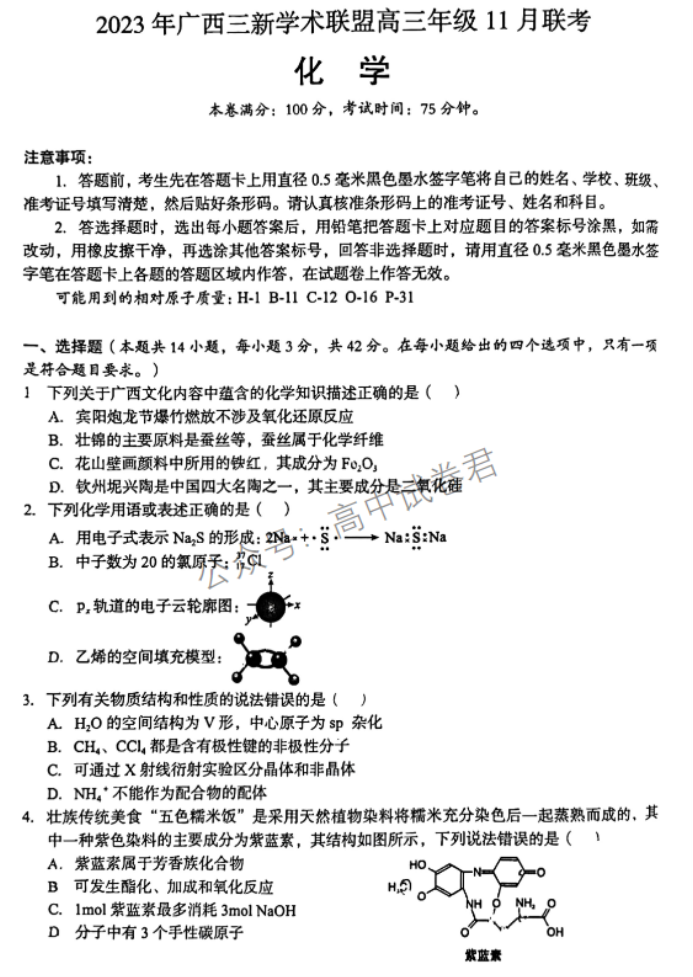 广西三新学术联盟2024高三11月联考化学试题及答案解析