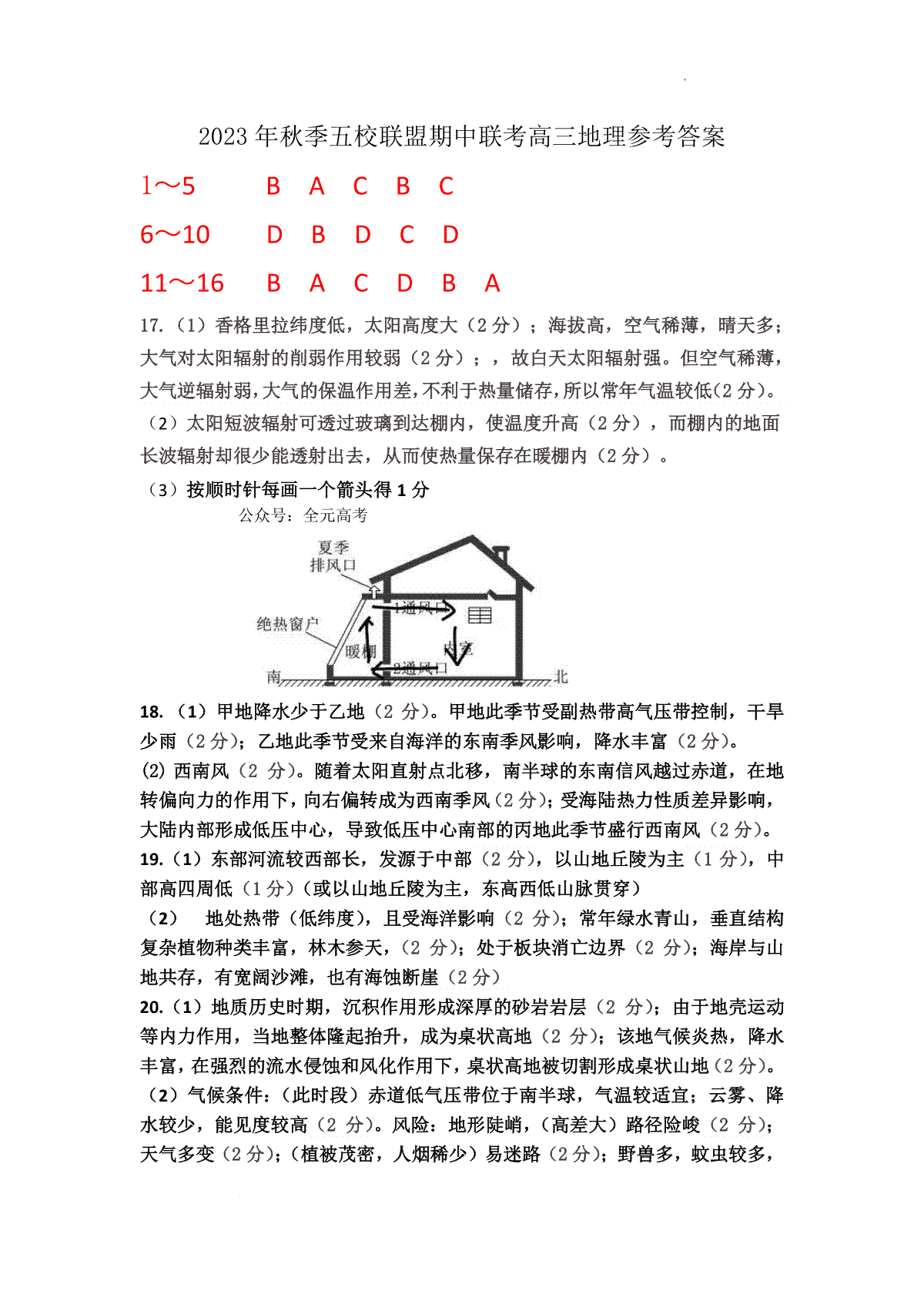 福建省莆田市五校联盟2023-2024学年高三上学期期中考试 地理答案