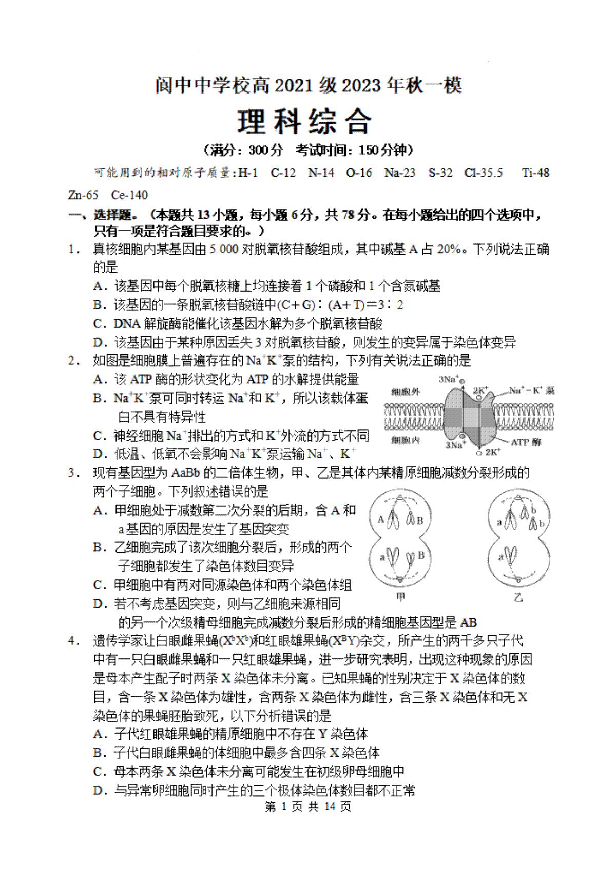 四川省南充市阆中中学校2023-2024学年高三上学期一模考试理综试题