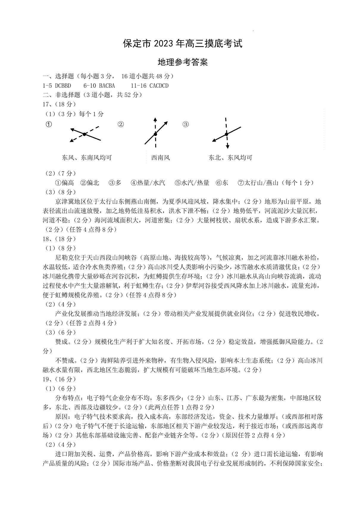 河北省保定市2023-2024学年高三上学期10月摸底考试（期中）地理答案