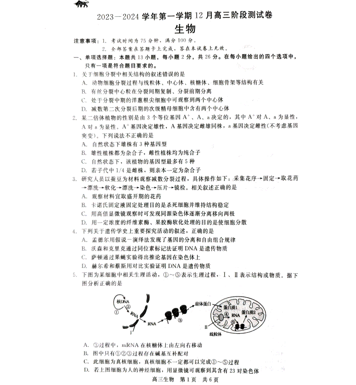 生物-河北省新时代NT教育2023-2024学年高三上学期12月阶段测试