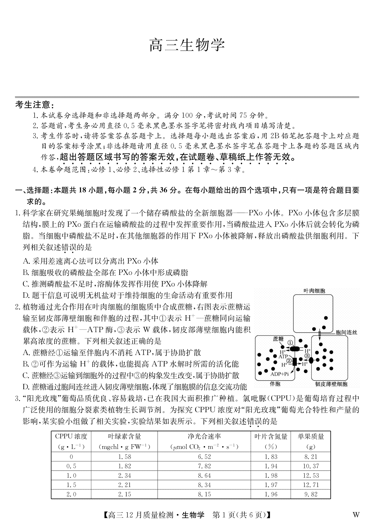 九师联盟12月2024届高三生物