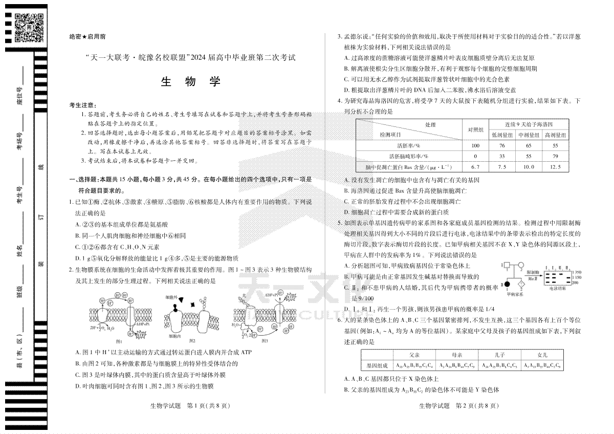 生物-天一大联考·安徽省皖豫名校联盟2024届高三第二次联考