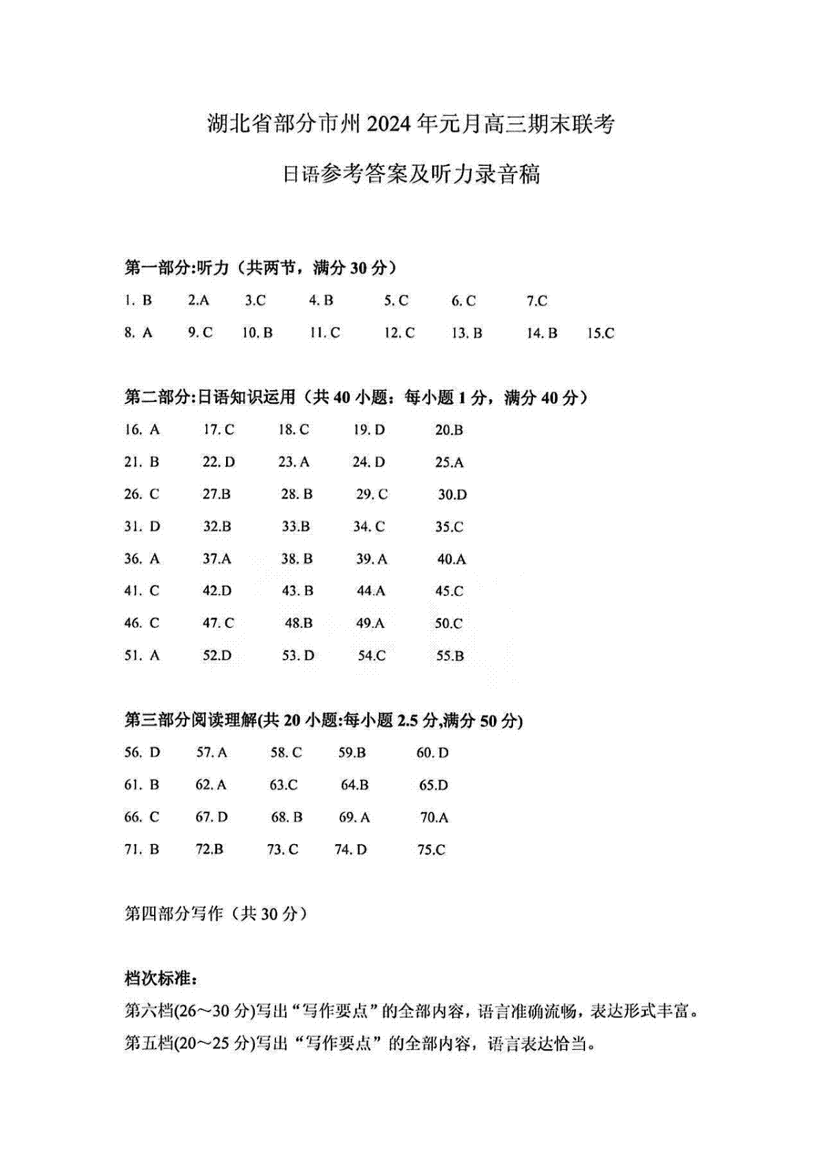 湖北省部分市州2023-2024学年高三上学期1月期末联考日语答案