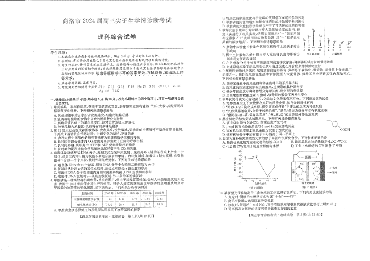 2024届陕西省商洛市高三上学期尖子生学情诊断考试理综试题