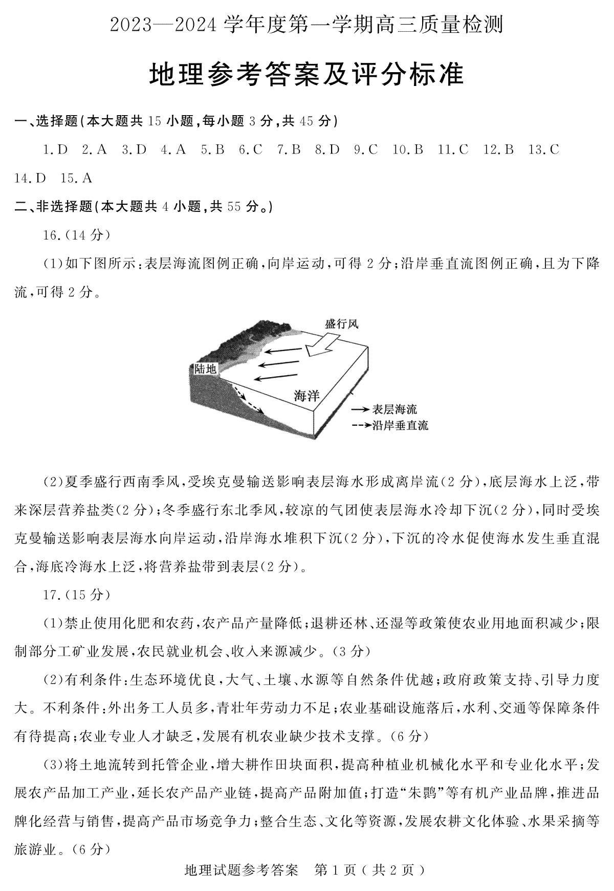 山东省济宁市2023-2024学年高三上学期期末地理答案