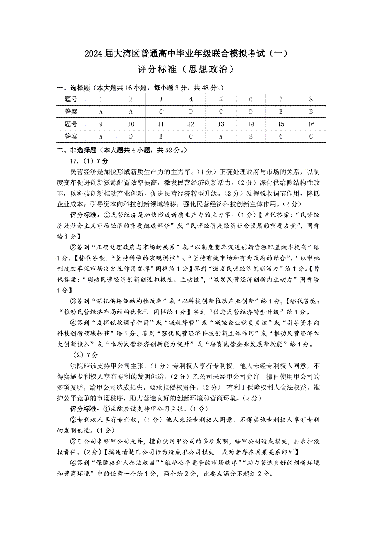 广东省大湾区2023-2024学年高三上学期联合模拟考试（一）评分标准(思想政治)