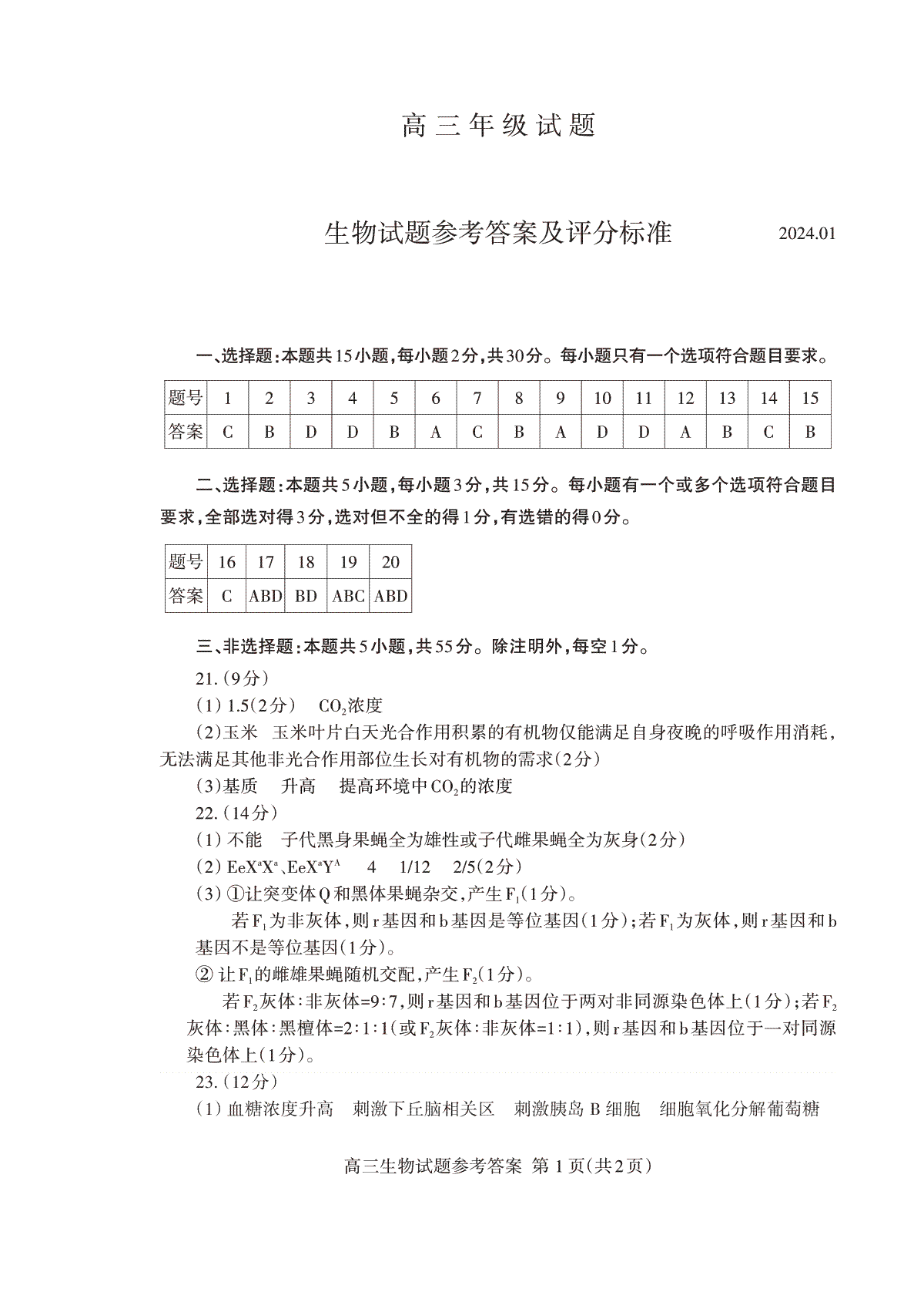 山东省泰安市2023—2024学年高三上学期期末考试生物试题高三生物答案2024.01_Print