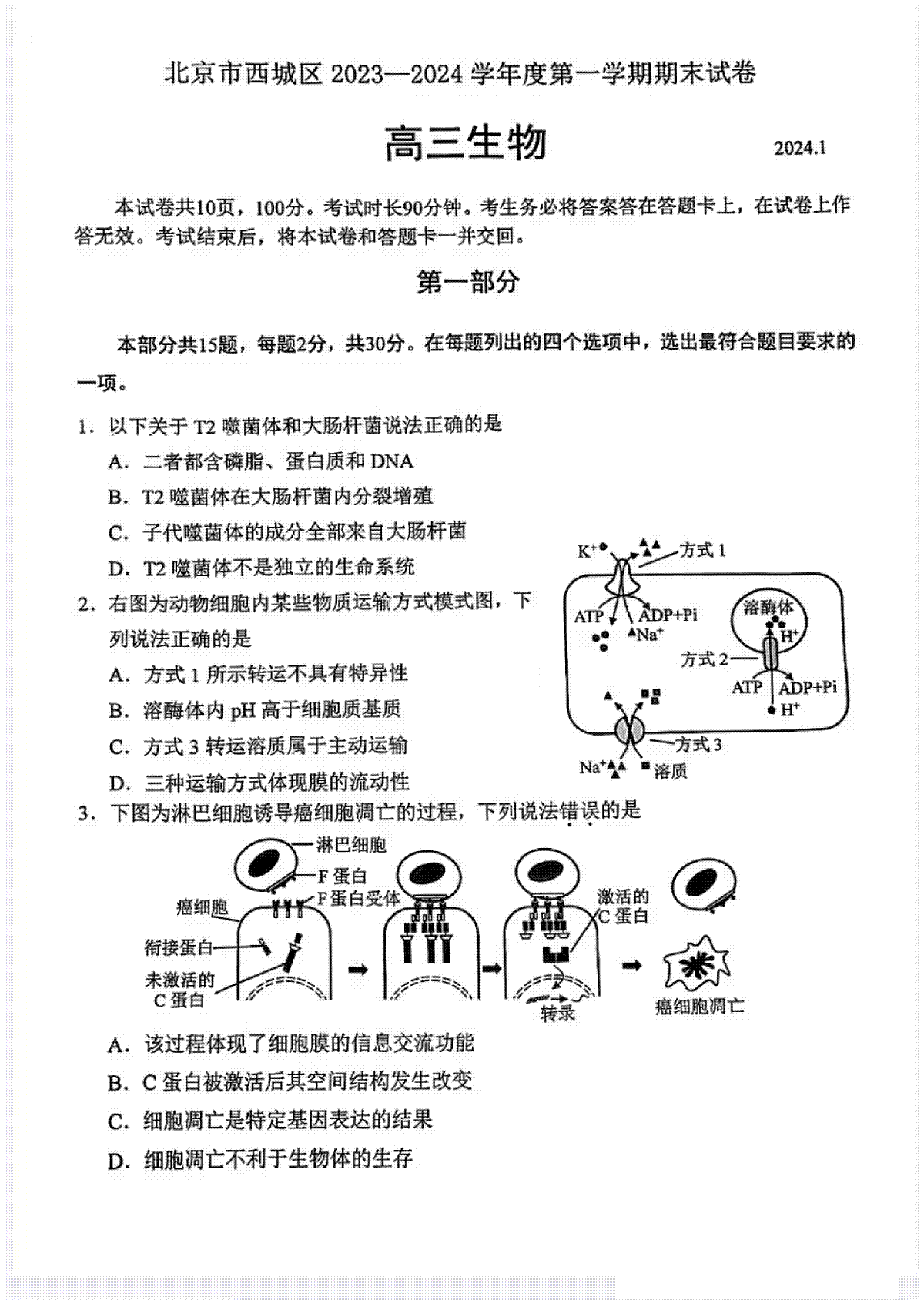 北京市西城区2023-2024学年高三期末生物