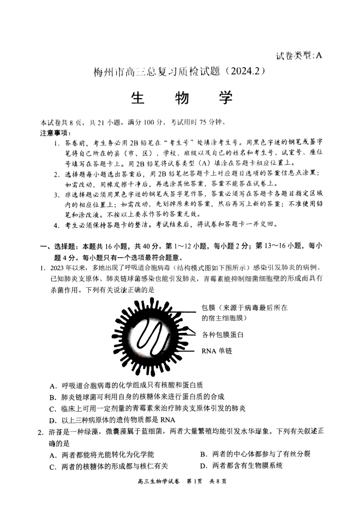 广东省梅州市2023-2024学年高三下学期总复习质检试题（一模）生物