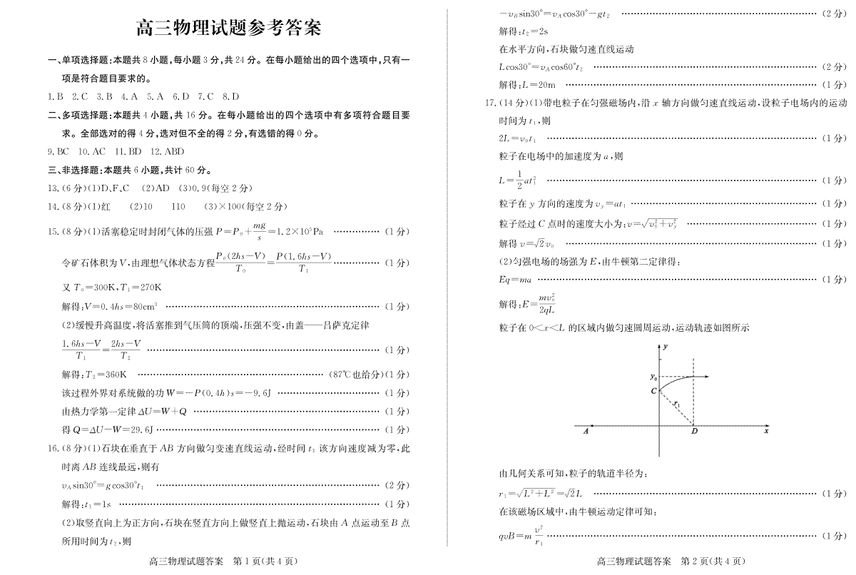 山东省德州市2023-2024学年高三下学期开学考试高三物理—答案