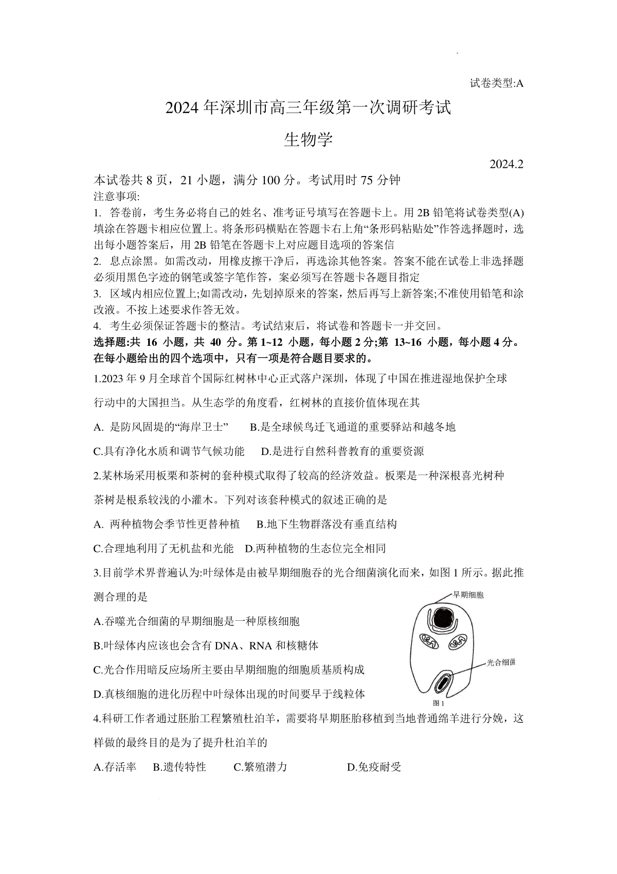 2024年深圳市高三第一次调研考试生物试题（文字版）