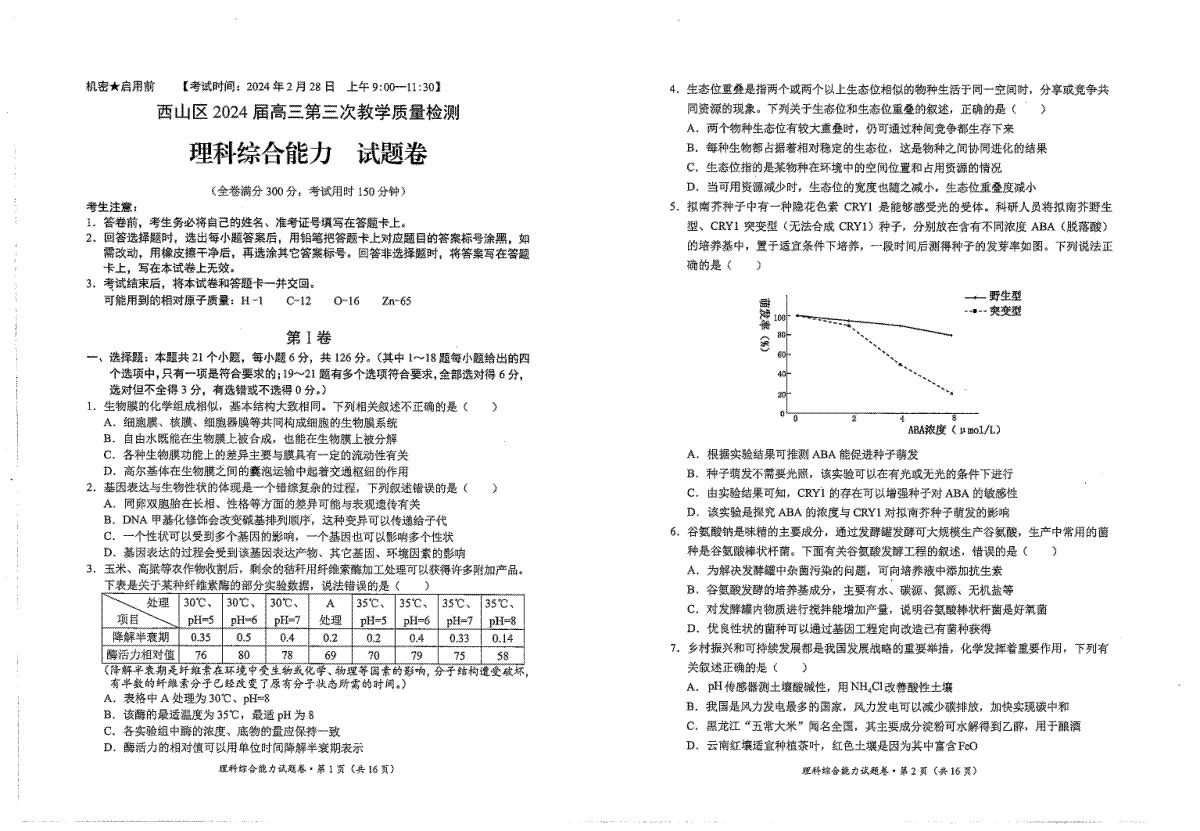 2024届云南省昆明市西山区高三三模理综