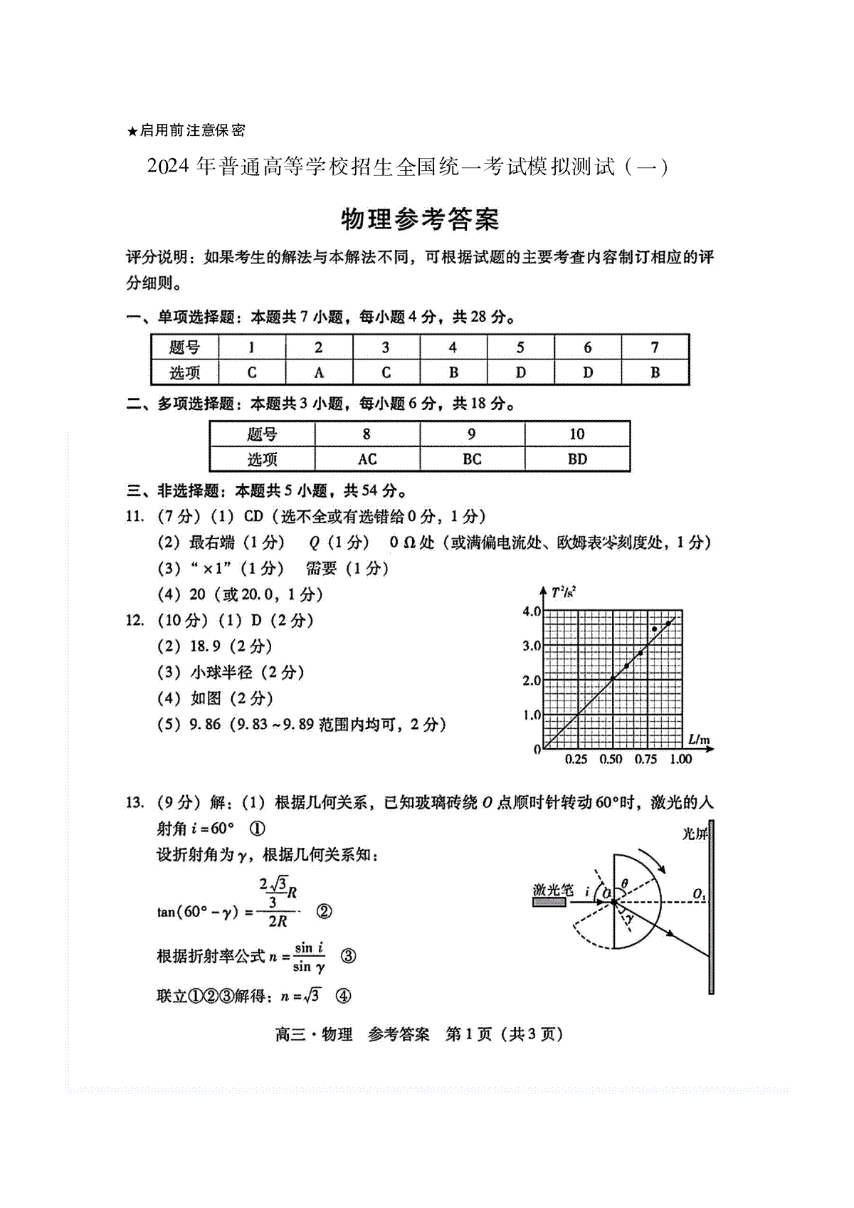 广东省2024届高三下学期3月一模物理参考答案