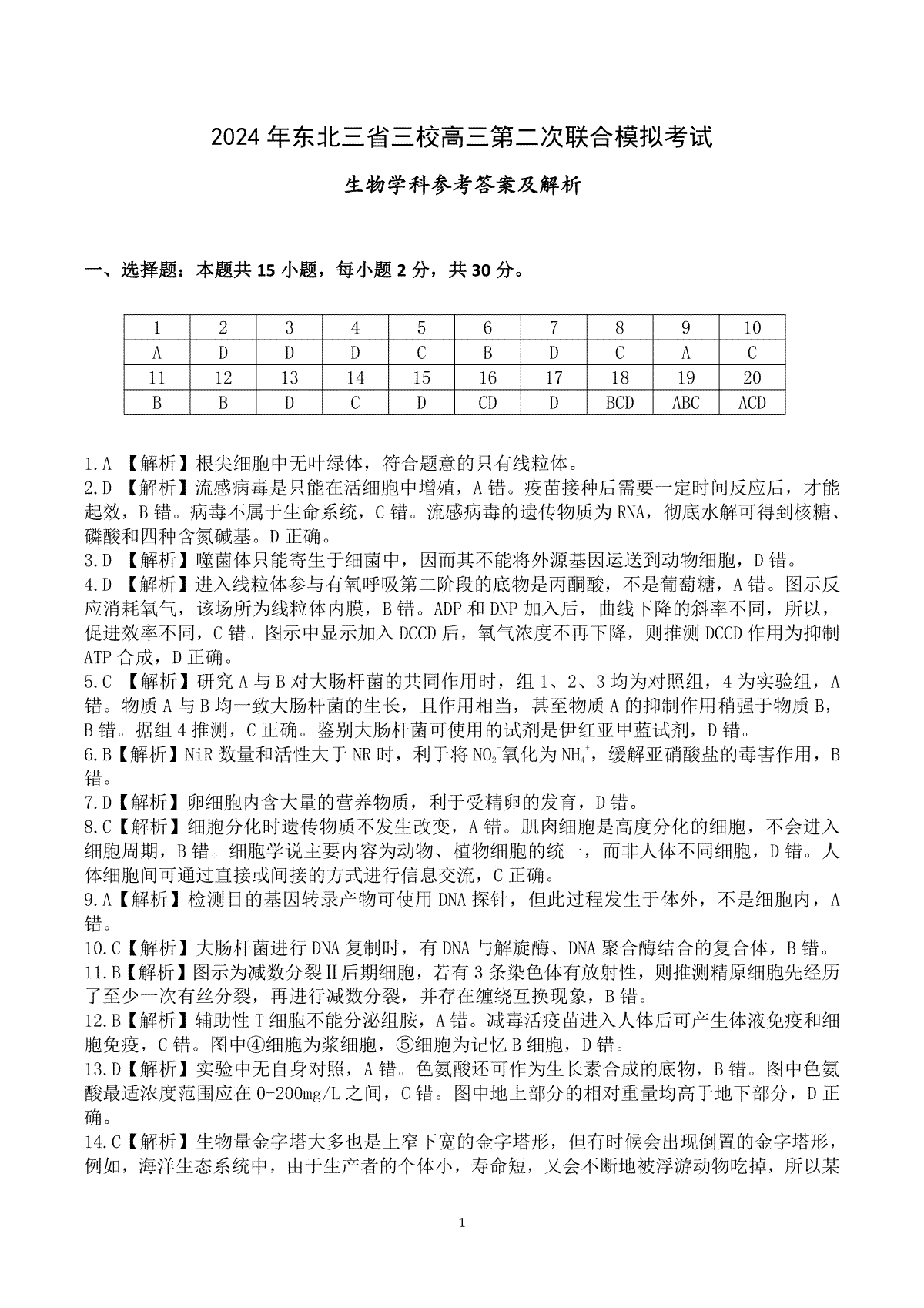 2024届东北三省三校高三二模生物参考答案及解析