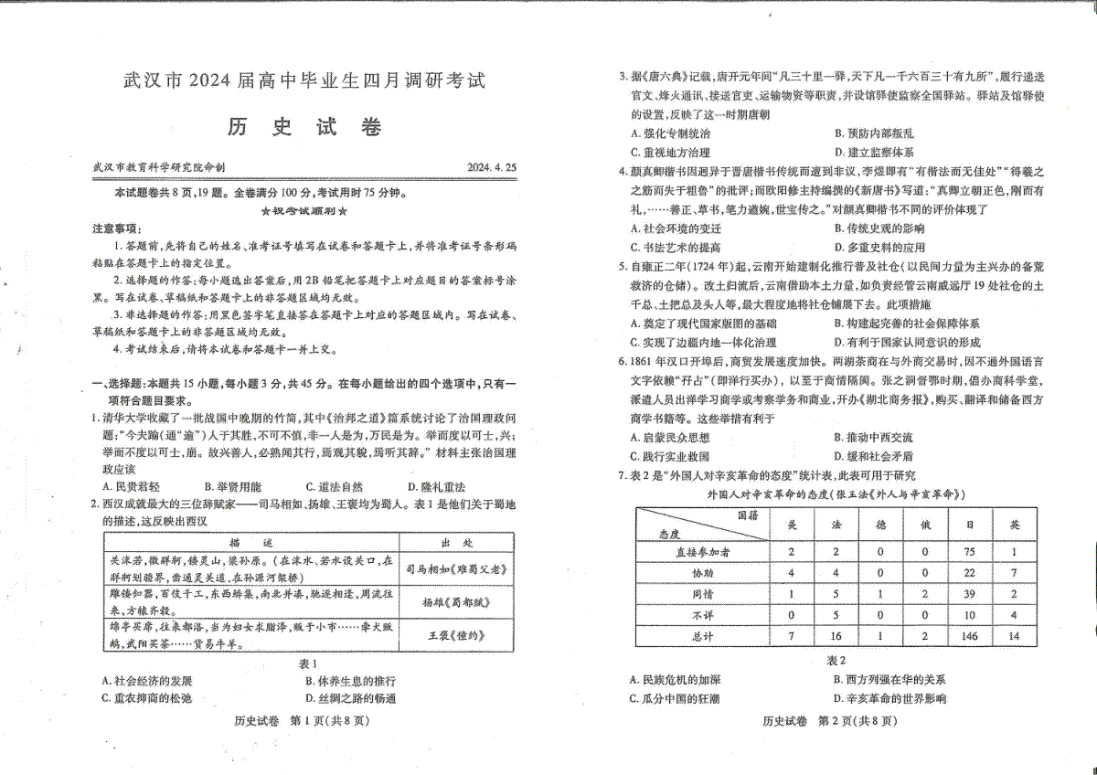 湖北省武汉市2024届高中毕业生四月调研考试历史试卷