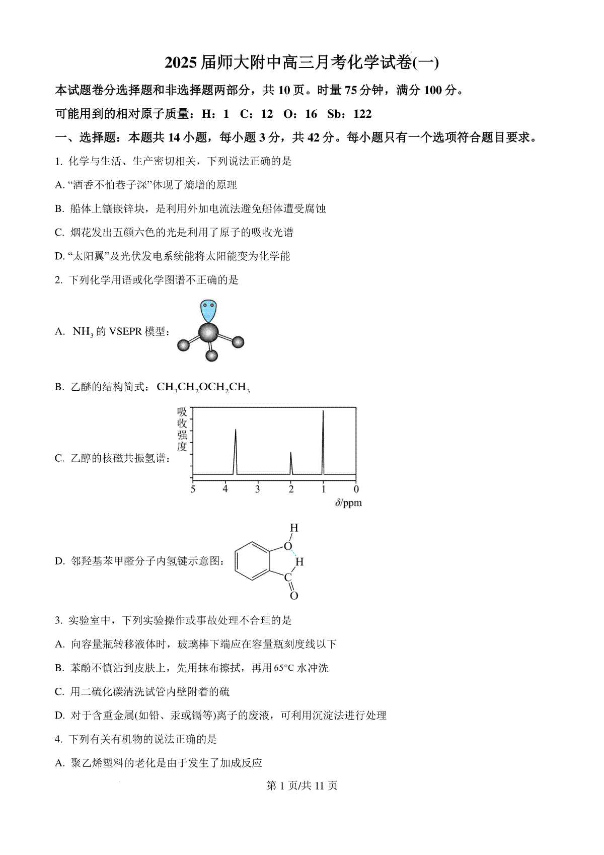 湖南省长沙市湖南师范大学附属中学2024-2025学年高三上学期月考（一）化学试题