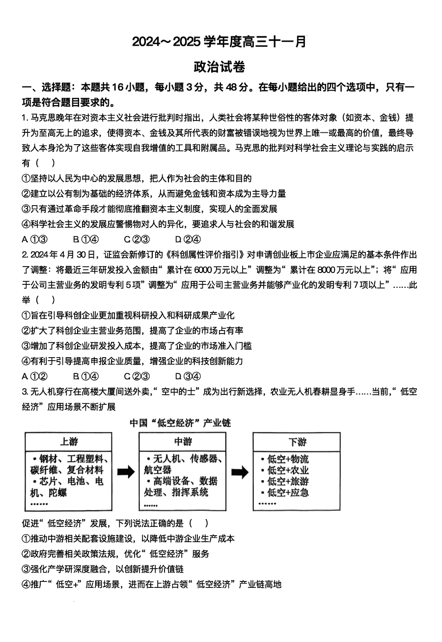 武汉江岸区2025届高三上学期11月调研政治试题及答案