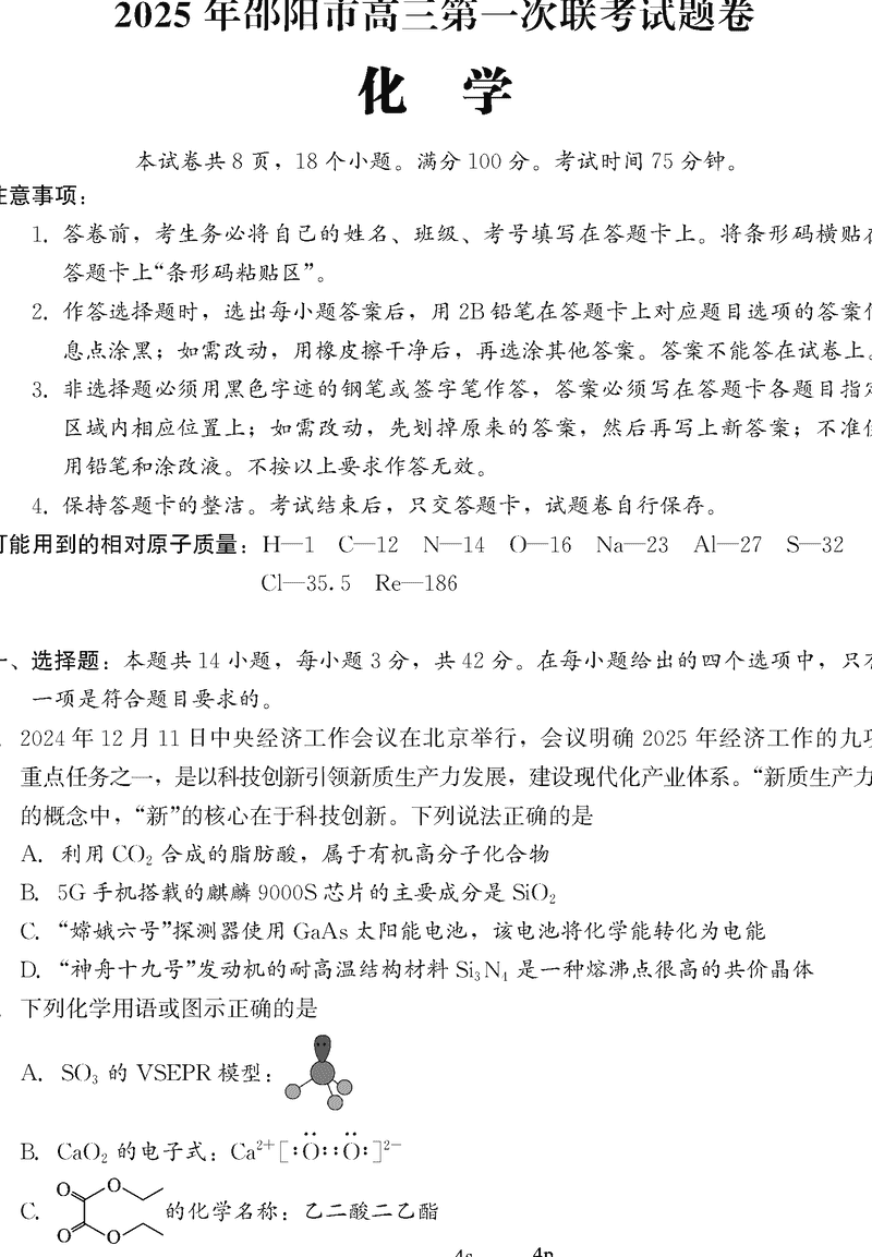 湖南邵阳2025年高三上学期期末化学试题及答案